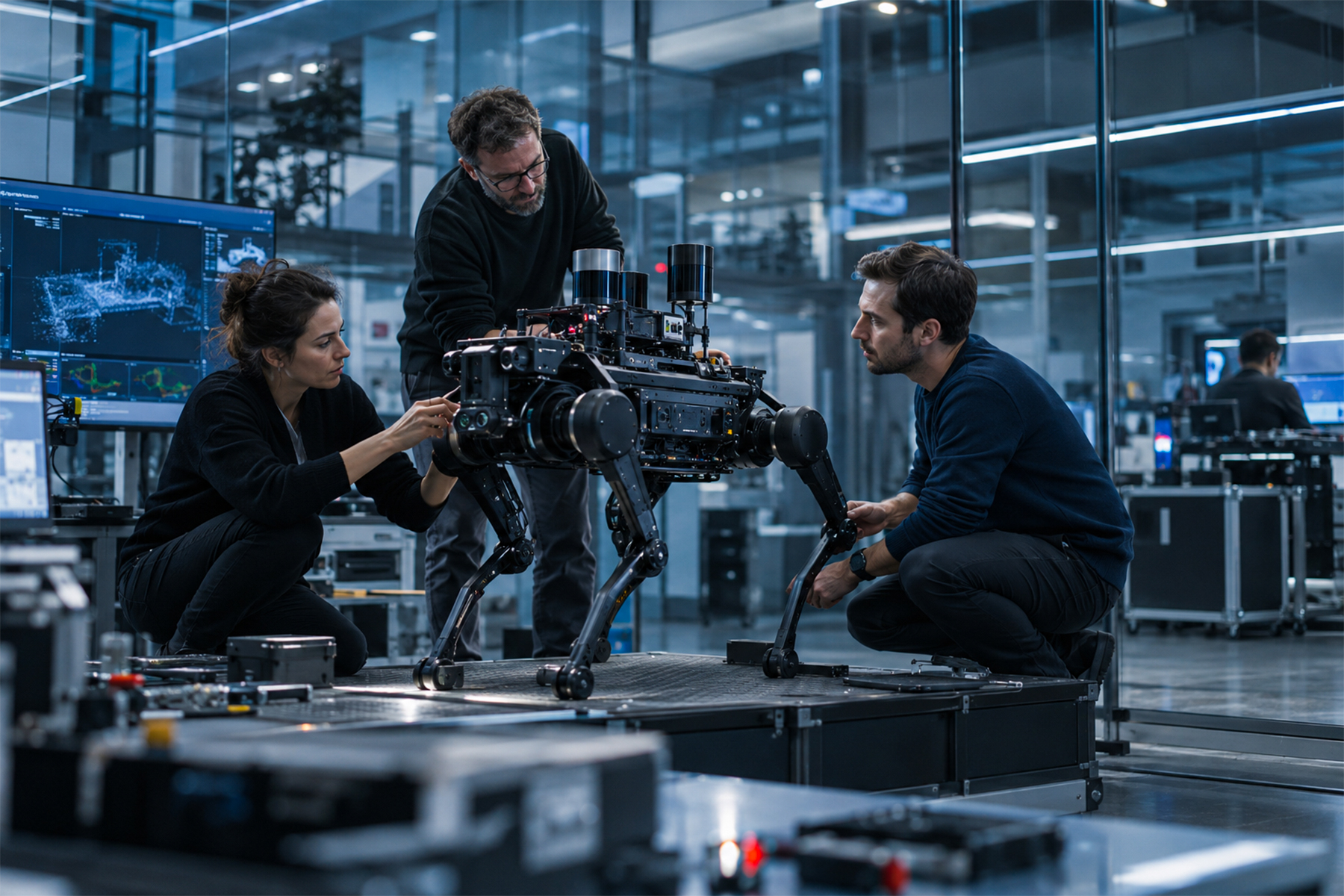Engineers working together on an autonomous quadruped robotic system in a modern research laboratory