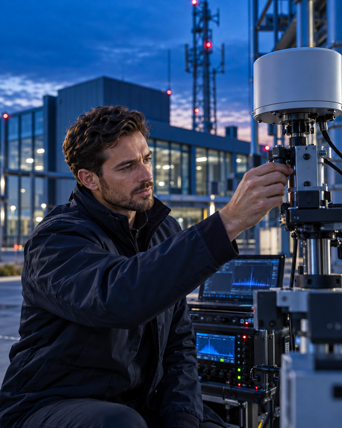 Technology engineer examining RF monitoring and communications equipment at a critical infrastructure facility