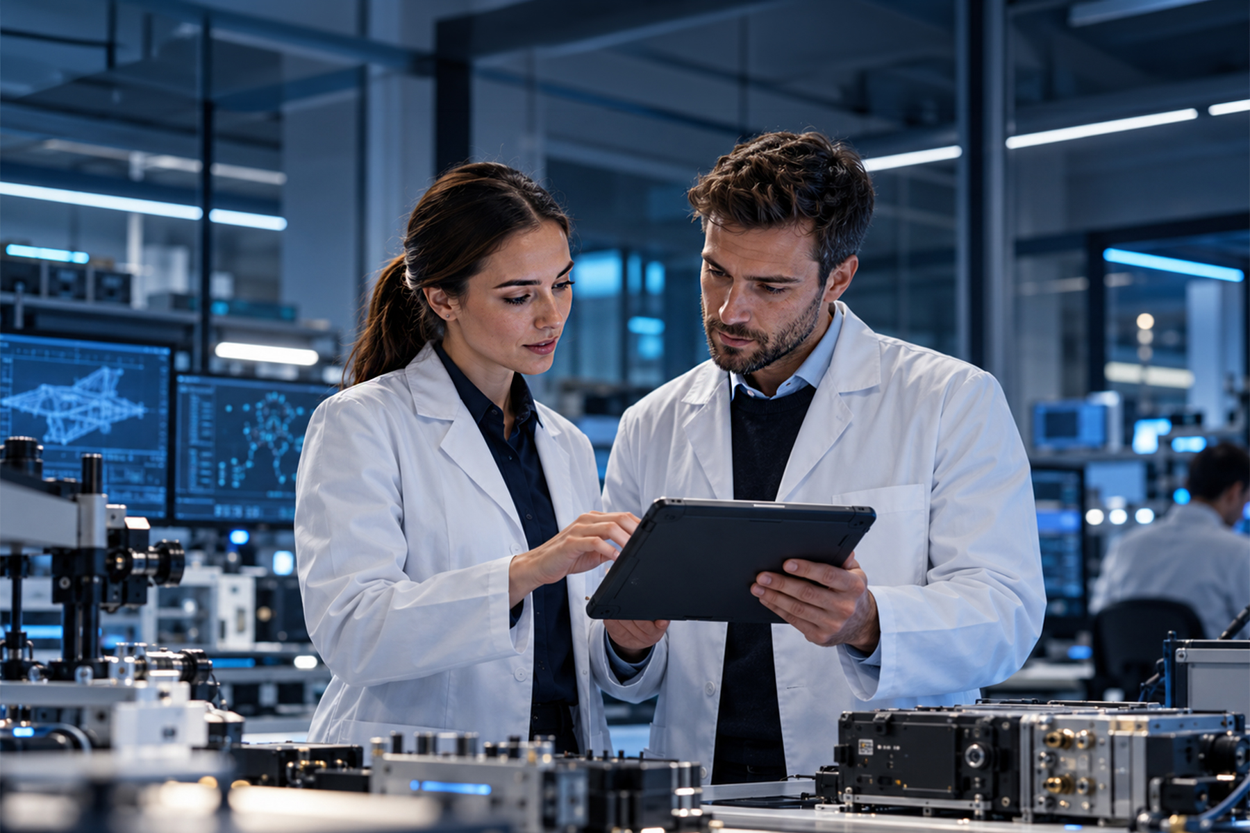 Curro technology engineers collaborating in a modern laboratory