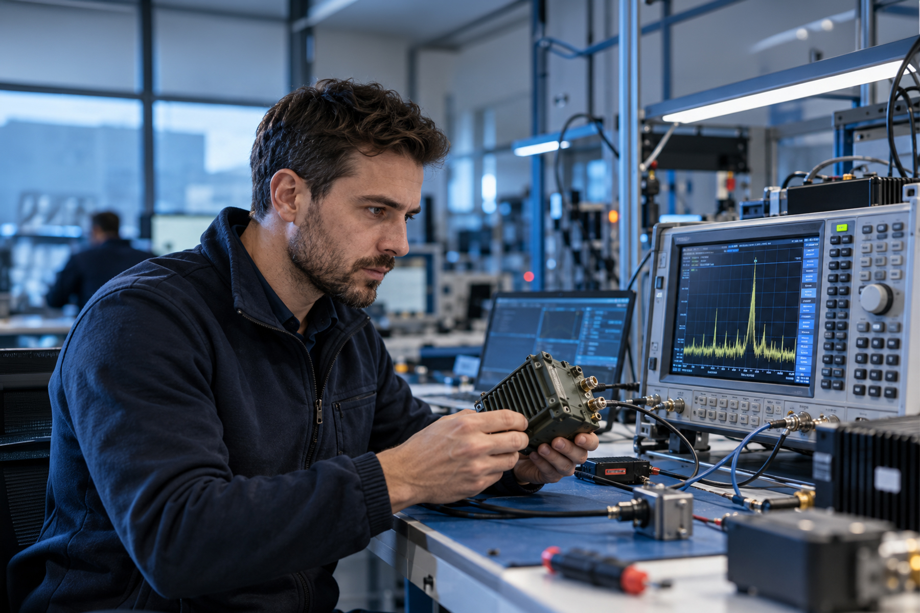 Professional support engineer examining electronic communication equipment and technical diagnostic information